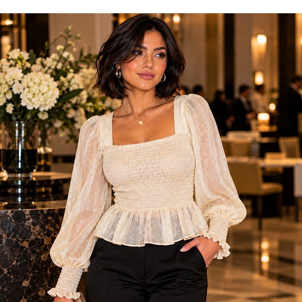 Nine West Ivory Metallic Smocked Peplum Blouse M Square Neck Puff Sleeve